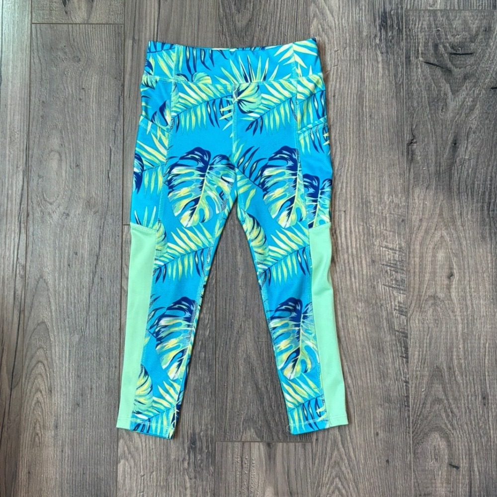 Athletic Works Girls Tropical Palm Print Leggingsβ Blue Green Pockets XS 4-5